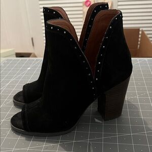 Lucky Black Suede Peep-Toe Ankle Boots